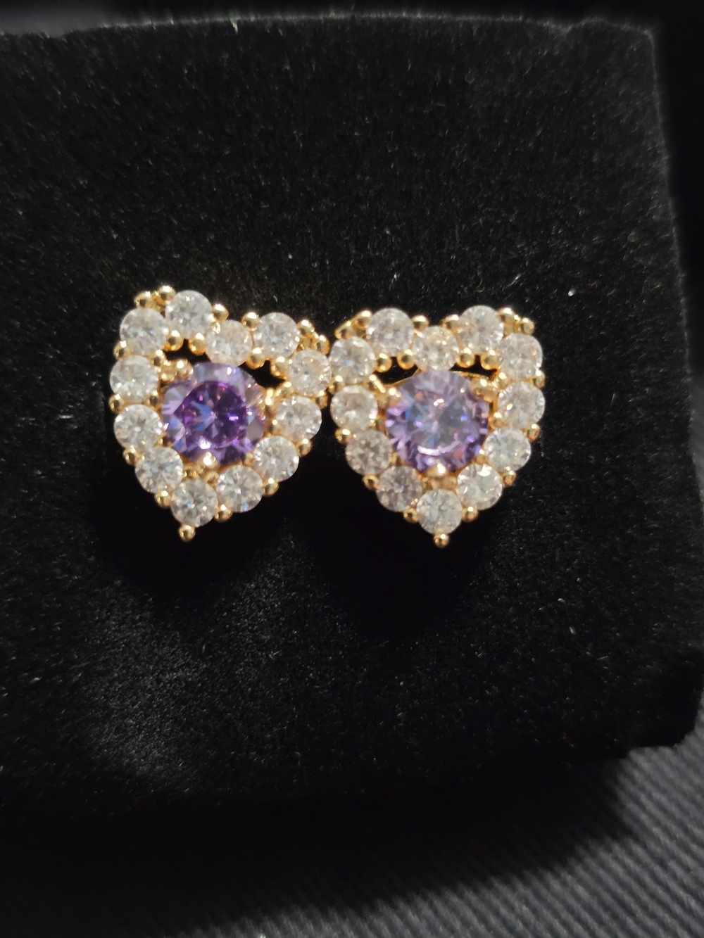 Gold Heart Stud Earrings with Purple Center Stones